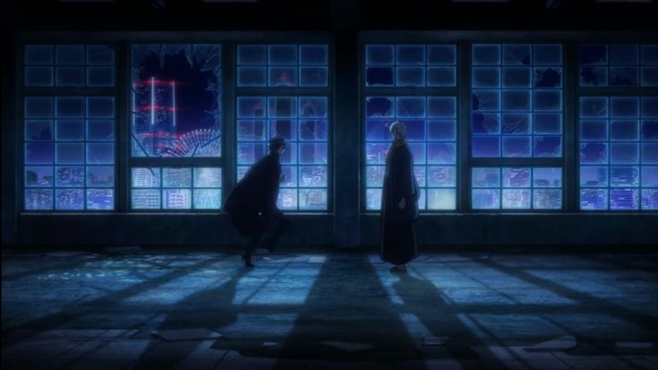 An screenshot of the show Bungo Stray Dogs, as two people stand in fornt of a night sky window